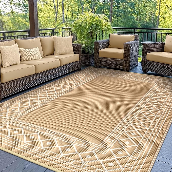 GENIMO Outdoor Rug Waterproof 6'x9' for Patio, Foldable Reversible Plastic Straw Carpet for Travel Trailers, Outside Area Mat for Rv, Deck, Picnic, Porch, Camper, Balcony, Beach, Brown & Beige
