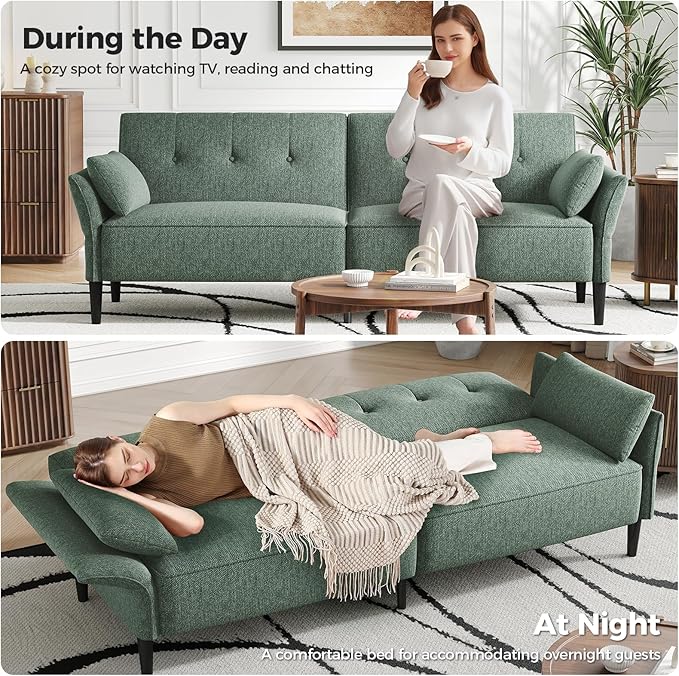 89” Futon Sofa Bed, Linen Comfy Futon Couch Bed with 2 Square Pillows, Convertible Sleeper Sofa with Adjustable Backrest& Armrests, Modern Loveseat Sleeper for Living Room, Bedroom, Green