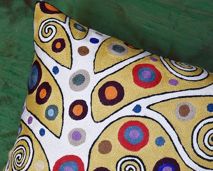 Decorative Pillow Cover Tree of Life Yellow Gold Pillows Botanical Yellows Throw Pillowcase for Couch | Mid Century Pillows for Sofa | Hand Embroidered Cushions Wool 18x18