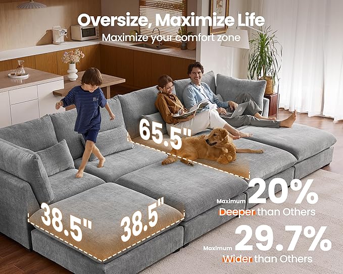 Oversized Modular Sofa, Extra Deep Cloud Chenille Sectional Couch with Ottoman Chaise, Fluffy Chenille 2 Seater Sofa Bed for Living Room, Villa (Loveseat Sofa, Chenille Grey)