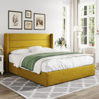Allewie Queen Size Lift Up Storage Bed, Modern Wingback Headboard, Hydraulic Support, No Box Spring Needed, Olive Yellow