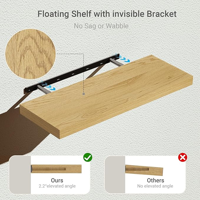 Floating Shelves for Wall 24 inchs Long, 9.2” deep x 1.5” Wall Shelf for Bedroom, Bathroom, Living Room, Kitchen, Office Home Decor, Deep Wood Shelves with Invisible Brackets, Set of 2, Oak