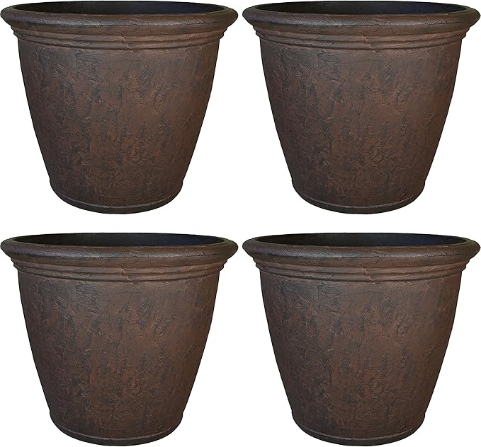 Sunnydaze 15.25-Inch Anjelica Large Plastic Pot for Plants - Outdoor Polyresin Round Planter with Drillable Drainage Holes - Rust - 4pk