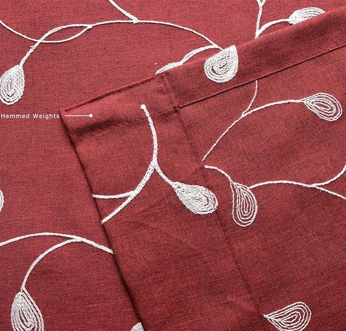 MIUCO Floral Embroidered Semi Sheer Curtains Faux Linen Grommet Window Curtains for Bedrooom 52 x 84 Inch 2 Panels, Burgundy