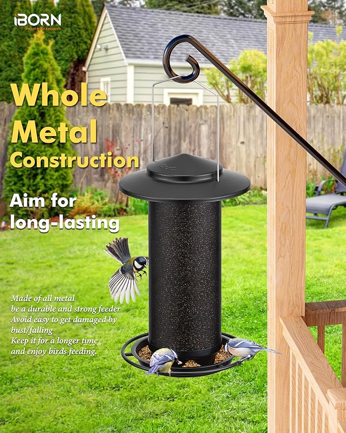 iBorn Bird Feeders for Outdoors, All Metal Mesh Tube, Holding Bird Seed for Outside Feeders,18cm Large Roof, Black, 2.8lb(Seed is not Included)