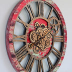 The Gears Clock 36'' Inch Real Moving Gear Wall Clock Vintage Industrial Oversized Rustic Farmhouse (Red Lava)