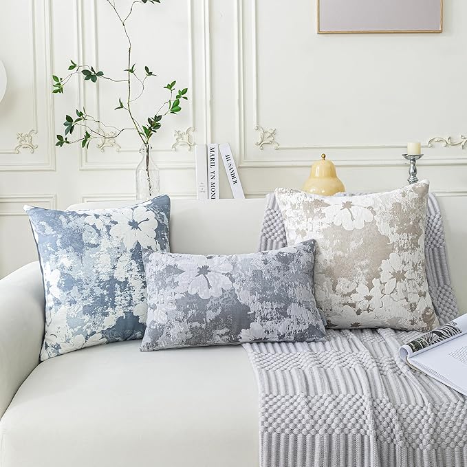 Jacquard Throw Pillow Covers 12x20 Inch Set of 2 - Vintage Floral Boho Pillow Cases with Botanical Pattern | Farmhouse Decor for Couch Living Room | Soft Textured Neutral Trio Slate Gray 12" x 20"