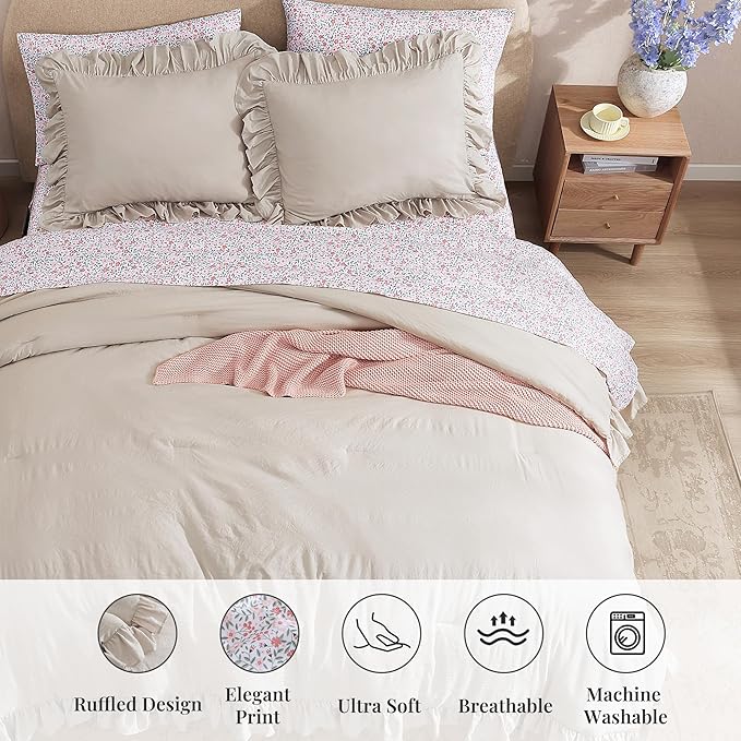 Full Comforter Set - 7 Pieces Ruffle Beige Bedding Sets, Shabby Chic Farmhouse Bed in a Bag Full with Ruffle Comforter, Floral Sheets, Pillowcases & Shams