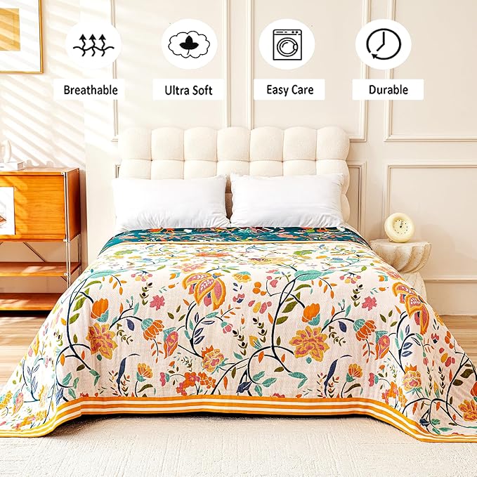 Boho Throw Blanket, 100% Organic Cotton Breathable Ultra Soft 91" x 98" Bed Quilt Throw - All Season Floral Rustic Farmhouse Decor Luxury Reversible Blanket for Sofa Couch Chair and Gift