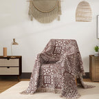 Boho Throw Blanket Twin Size, Soft Cozy Cotton Muslin Quilt Blanket for Bed Decor, Patchwork Block Couch Sofa Chair Cover, Vintage Farmhouse Cottage Tapestry Woven Blanket, Brown&White
