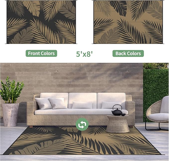 GENIMO Outdoor Rug 5' x 8' Waterproof for Patios Clearance, Reversible Outdoor Plastic Straw Camping Rug Carpet, Large Area Rugs Mats for RV, Picnic, Backyard, Deck, Balcony, Porch, Beach, Black&Brown
