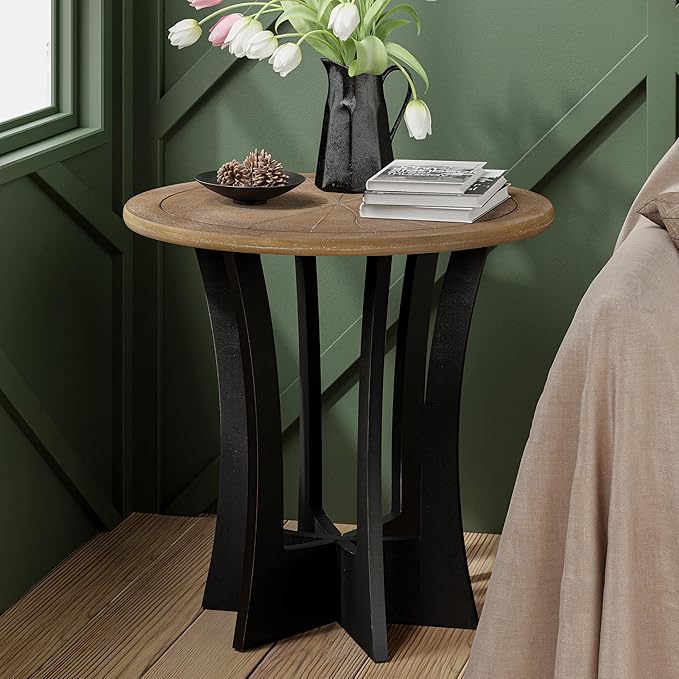 Farmhouse Round End Table with Criss-Cross Wood Legs