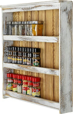 MyGift 3 Tier Wall Mounted Spice Rack, Shabby White Washed and Rustic Natural Burnt Solid Wood Kitchen Pantry Storage Shelf for Seasoning Jars or Condiment Bottles