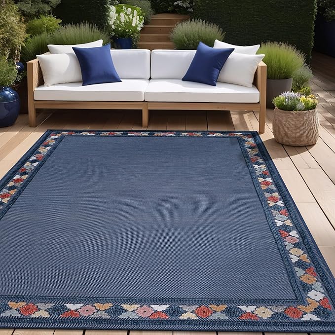 Beverly Rug Outdoor Rug 6x9 Modern Bordered Area Rugs for Indoor and Outdoor Patio Easy to Clean Non Shedding Living Room Porch Garden Washable Outside Carpet (6 x 9 Blue)