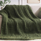 Chunky Knit Throw Blanket, 60''*80'' Knitted Throw Chenille Yarn for Bed Couch, Handmade Green Crochet Big Thick Blanket, Machine Washable Cute Comfy Blanket for Home Decor