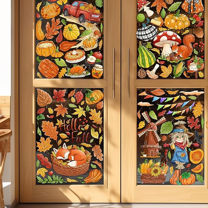 Fall Window Clings Decorations - Leaves Pumpkin Scarecrow Autumn Clings for Glass Windows, Double Sided Reusable Window Stickers, Cute Large Thanksgiving Harvest Window Decals-184 PCS/9 Sheet