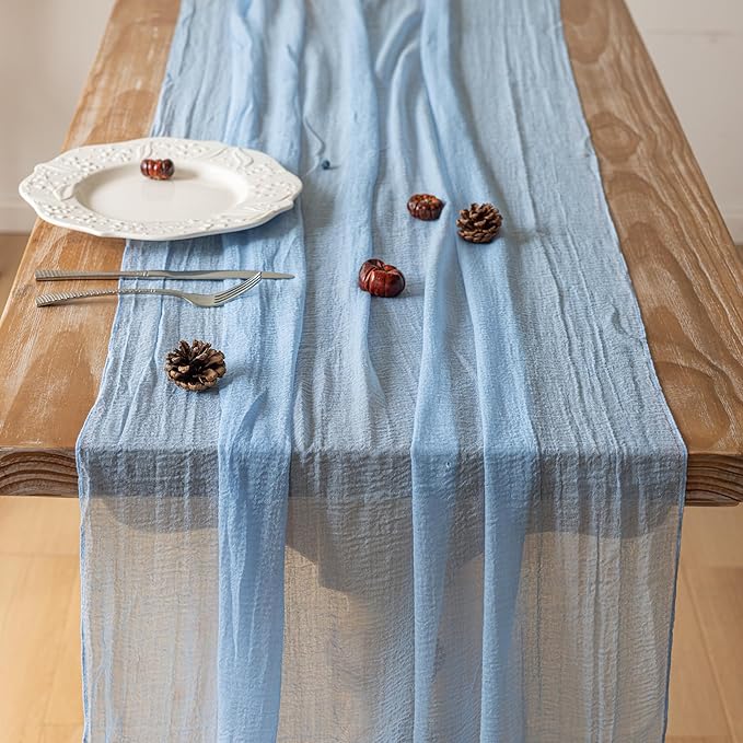6pcs Light Blue Gauze Rustic Cheesecloth Table Runner 120 Inch 10 FT for Wedding Baby Shower Bridal Shower Birthday Engagement Garden Outdoor Party Long Sheer Boho Decorations