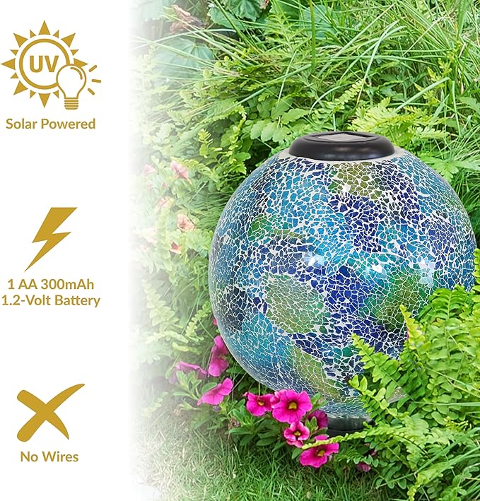 Sunnydaze Azul Terra 10" Crackled Glass Garden Gazing Globe with LED Solar Light - Set of 2