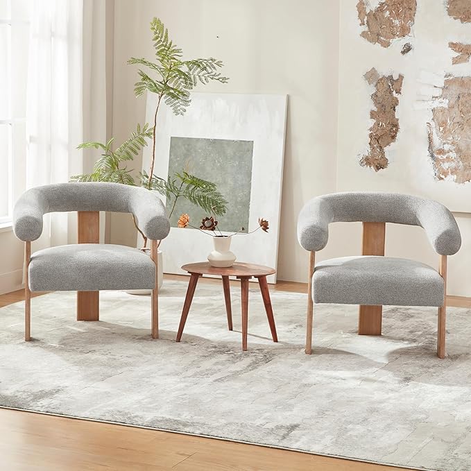 VKNOW Accent Chair Living Room Chair Set of 2, Modern Upholstered Armchair with Solid Wood Legs, Comfy Barrel Arm Chairs for Living Room Bedroom, Light Grey