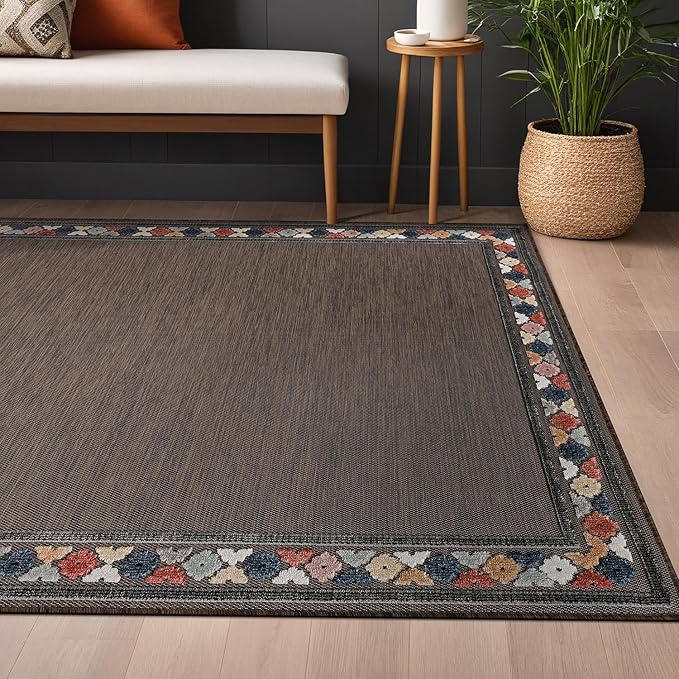 Beverly Rug Outdoor Rug 6x9 Modern Bordered Area Rugs for Indoor and Outdoor Patio Easy to Clean Non Shedding Living Room Porch Garden Washable Outside Carpet (6 x 9 Brown)