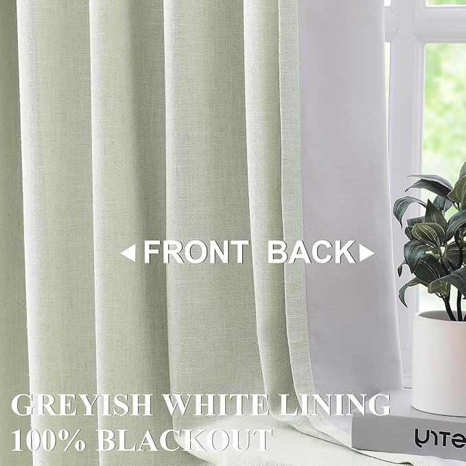 Vision Home Soft Green Pinch Pleated Full Blackout Curtains Linen Blended Room Darkening Curtain Panels 120 inch for Living Room Bedroom Thermal Insulated Pinch Pleat Drapes with Hooks 40" Wx120 Lx2