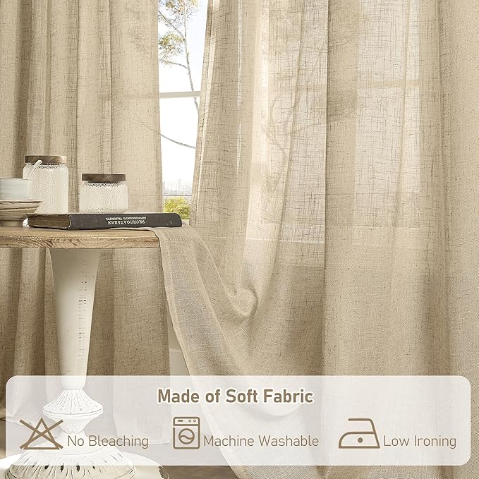 LAMIT Linen Curtains 63 inch Length for Living Room, Linen Light Filtering Boho Semi Sheer Window Textured Burlap Drapes with Bronze Grommet for Bedroom, 2 Panels Set, 60 x 63 Inch, Brown