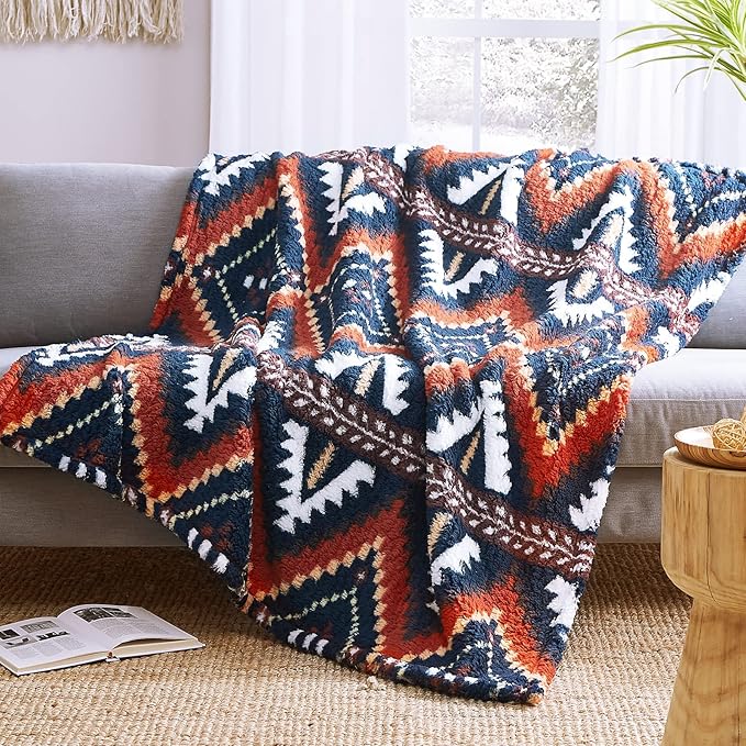 CASAAGUSTO Boho Sherpa Blanket, Aztec Twin Blanket, Ultra Soft, Warm, Cozy, Plush, Thick Fleece Western Blanket for Couch, Bed, Sofa (Navy Blue 60 * 80 Inch)