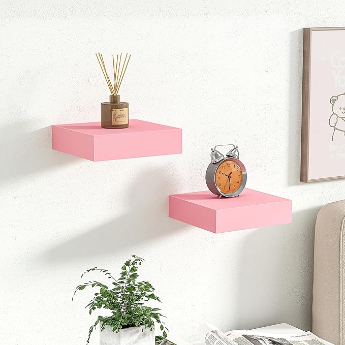 BAMEOS Pink Floating Shelves for Wall, 6" x 6" Wall Shelves for Room, Floating Book Shelves, Hanging Shelves for Bedroom, Bedroom, Living Room, Kitchen (Set of 2)