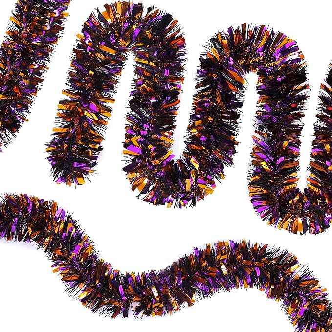 SAOROPEB 4 Pieces 26.4 Ft Halloween Tinsel Garland Metallic Shiny Twist Garland Hanging Decorations for Halloween Party Indoor and Outdoor Decor - Black Orange and Purple