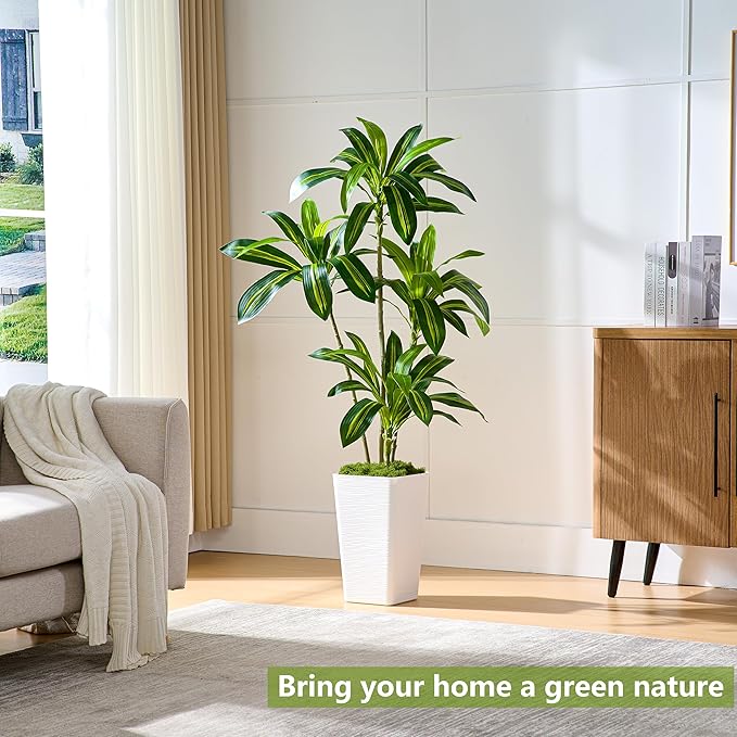 Artificial Dracaena Tree Artificial Silk Tree Faux Tree Fake Tropical Yucca Floor Plant with White Tall Planter (1, White Tall Planter, 5FT)