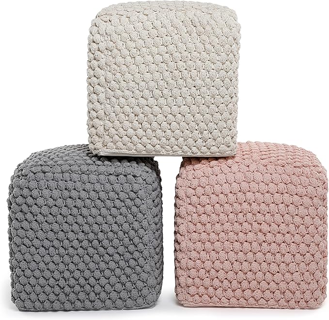 BIRDROCK HOME Buds Pouf Foot Stool Ottoman - Knit Bean Bag Floor Chair - Cotton Braided Cord - Great for The Living Room, Bedroom and Kids Room - Small Furniture (Grey - Buds)