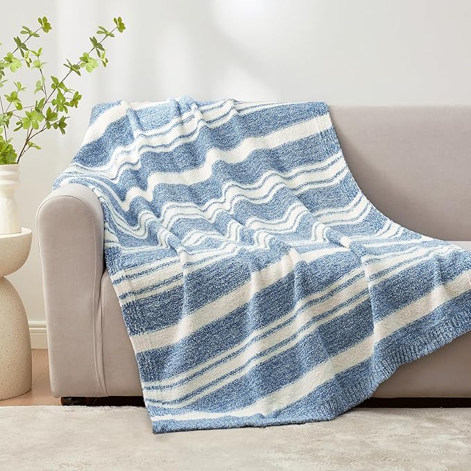 Snuggle Sac Knitted Throw Blanket for Couch, Reversible Super Soft Microfiber Blankets Warm Cozy Knit Fuzzy Plush Lightweight Throws for Sofa, Bed, Camping, Picnic, Stripe Blue, 50 x 60 inches