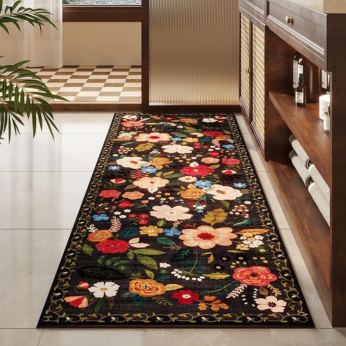 Runners for Hallways Kitchen Rug Non Slip 2'x 10' Long Washable Runner Rugs with Rubber Backing Soft Floral Carpet Runner for Hallways, Kitchen, Laundry, Bedroom, Bathroom(Black)