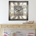 The Gears Clock 24'' Inch Square Real Moving Gear Wall Clock Vintage Industrial Oversized Rustic Farmhouse (Carbon Grey)
