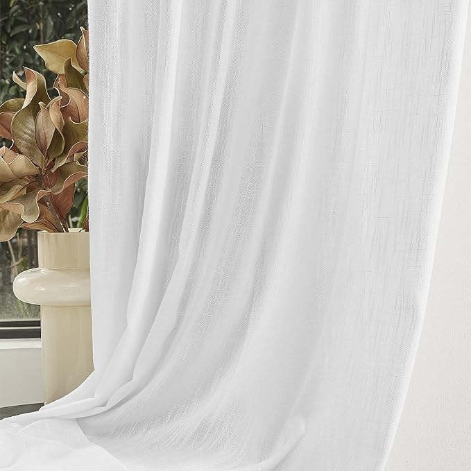 MYSKY HOME Floor to Ceiling Curtains 120 Inches White Sheer Window Drapes 2 Panel Sets Back Tab Draperies Linen Look Boho Fabric, Soft Cotton Blend Light Filtering for Living Room