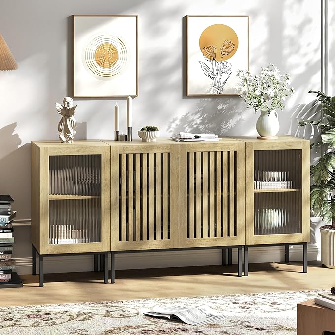 Farmhouse TV Stand for TVs up to 70 Inch, Entertainment Center TV Console with Storage Cabinets and Glass Doors,Media Console for Living Room,Oak