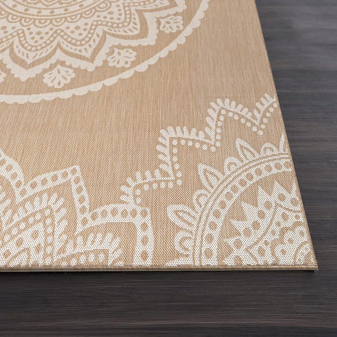 CAMILSON Outdoor Rug 6x9 Modern Area Rugs for Indoor and Outdoor Patios and Porches - Waterproof, Washable, Non-Shedding, Easy-to-Clean Outside Carpet (6 x 9, Medallion - Beige/White)