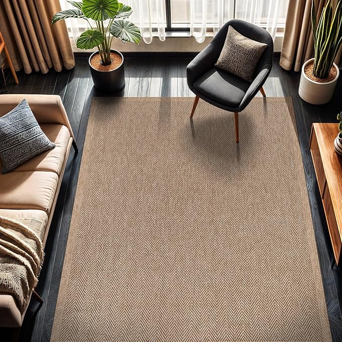 CAMILSON Easy Jute Rug 10x14, Indoor Outdoor Natural Color Fiber Area Rugs for Living Room Patio and Kitchen Rug Herringbone Woven Design Easy-Cleaning Washable Outside Carpet Alfombras 10 x 14