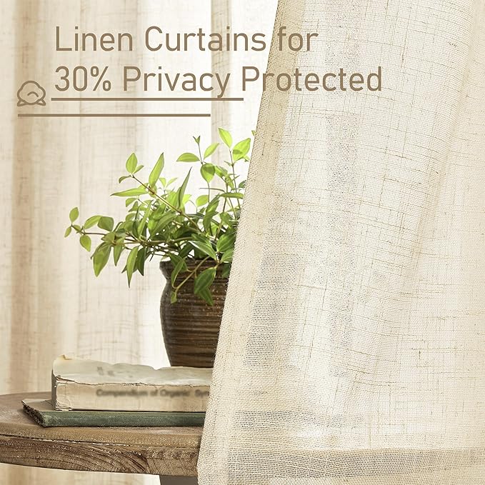 LAMIT Linen Curtains 63 inches Long for Bedroom, Bronze Grommet Linen Drapes Light Filtering Sheer Window Curtains for Living Room, Set of 2 Panels (38 x 63 Inch, Beige)
