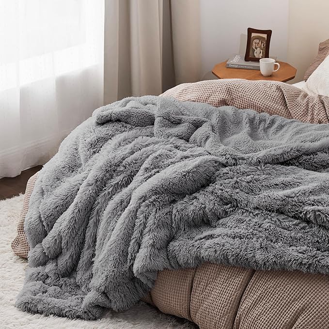Bedsure GentleSoft Fluffy Grey Blankets Queen Size for Bed, Thick Sherpa Faux Fur Fleece Fuzzy Plush Winter Warm Heavy Soft Queen Blankets, Bedroom Decor Grey Gifts Cozy Gifts for Women Men, 90x90