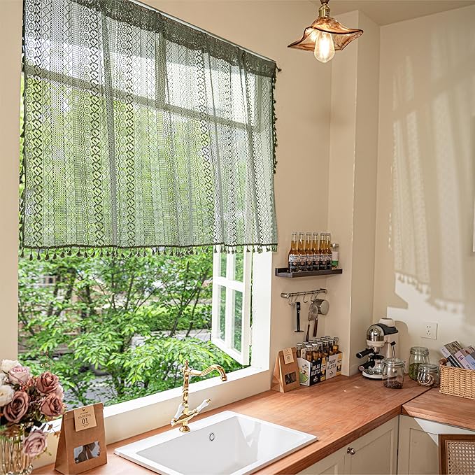 Sutuo Home Boho Valance Curtains for Kitchen Cafe,Crochet Lace Sheer Bohemian Hollow Knitted with Tassels, Privacy Vintage Rustic Farmhouse Drapes, Rod Pocket 1 Panel 59" W x 18" L, Olive Green
