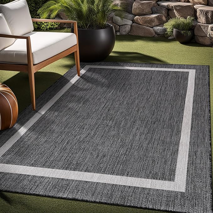 Bordered Outdoor Rug 9x12 Washable Outside Carpet for Indoor Patio Porch Waterproof Easy Cleaning Non Shedding Area Rugs Gray 9 x 12