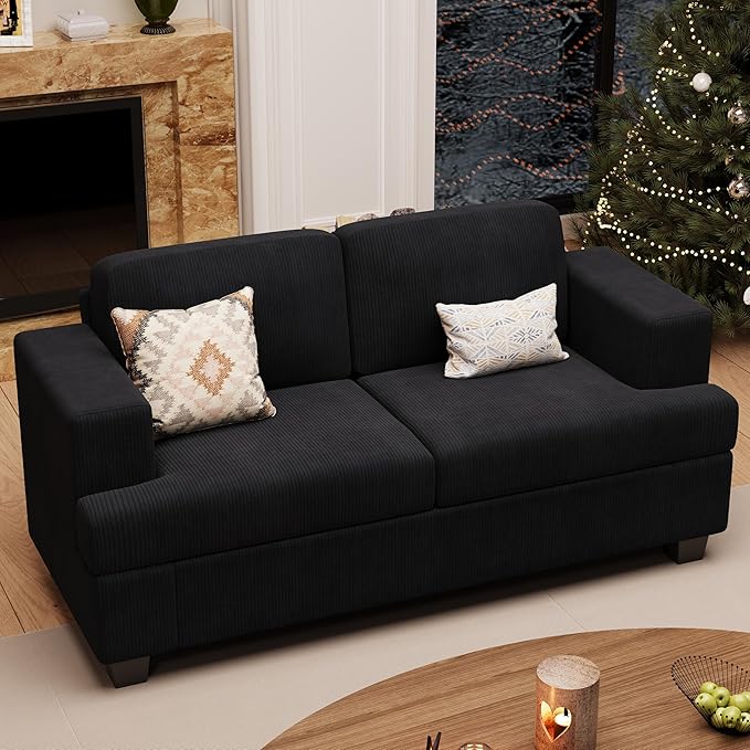 63” Corduroy Loveseat Sofa Couch for Living Room, Small Couch with Deep Seat for Bedroom, Comfy Could Loveseat for Small Living Room, Black Corduroy