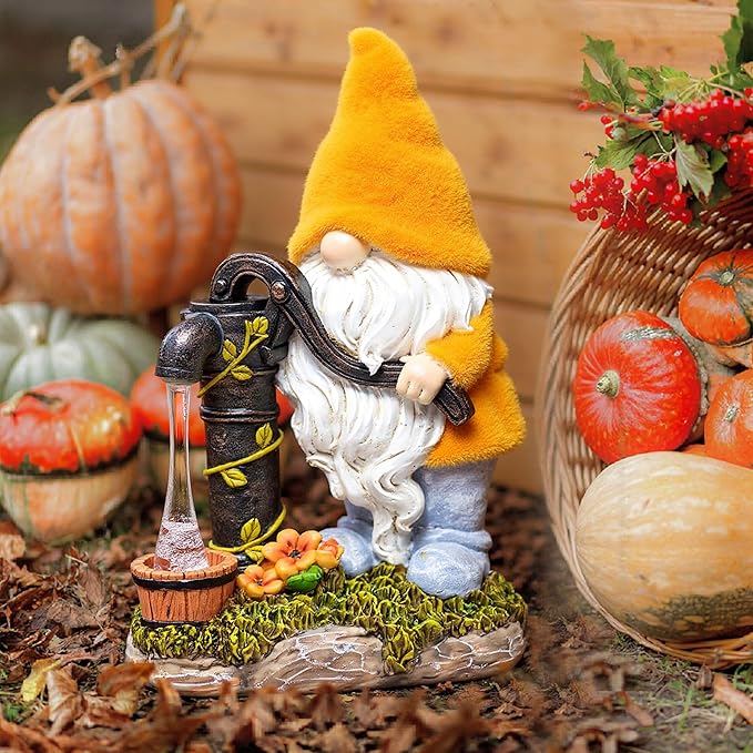 TERESA'S COLLECTIONS Fall Decor, Fall Gnomes Decor, Autumn Garden Gnomes Pumping Water with Solar Lights, Waterproof Resin Outdoor Fall Decor, Fall Gifts Outdoor/Indoor,9"