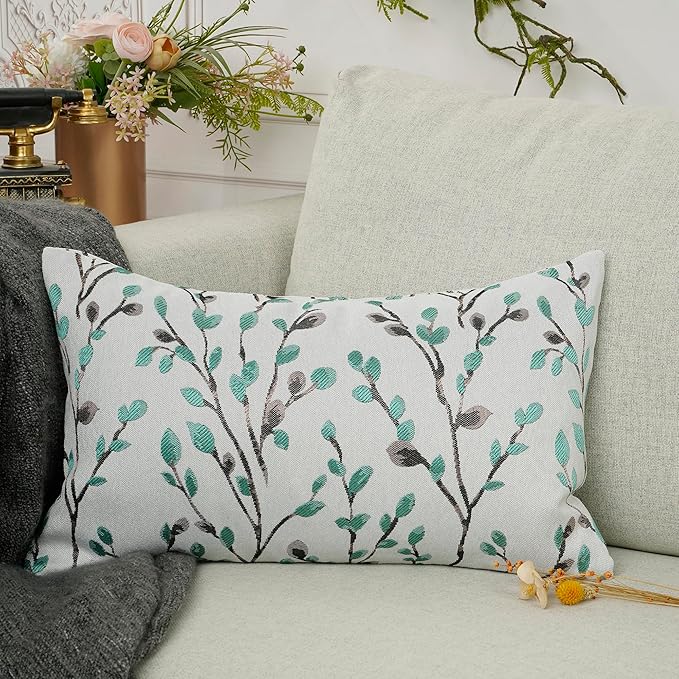 YOUR SMILE Classical Embroidery Jacquard Green Square Decorative Throw Pillow Case Cushion Cover,12x20 inch