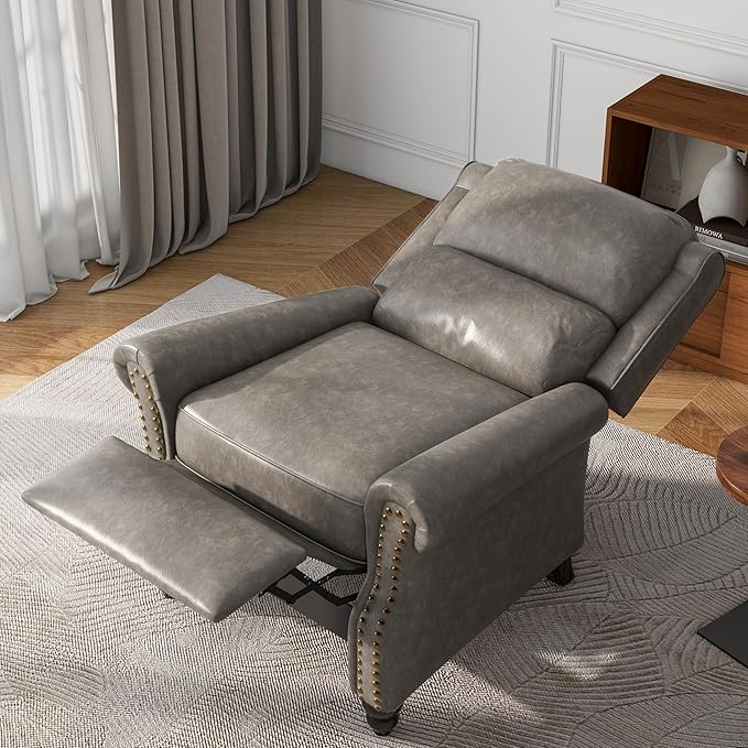 UIXE Pushback Recliner Chair, Faux Leather Armchair Push Back Accent Chair, Rivet Trim Club Chair Home Theater Overstuffed Single Sofa Reading Seat for Living Room, Gray