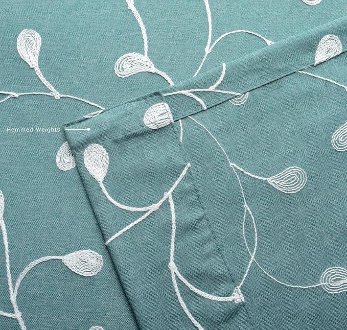 MIUCO Floral Embroidery Semi Sheers Curtain Faux Linen Grommet Window Curtains for Bedroom 52 x 95 Inch 2 Panels, Teal