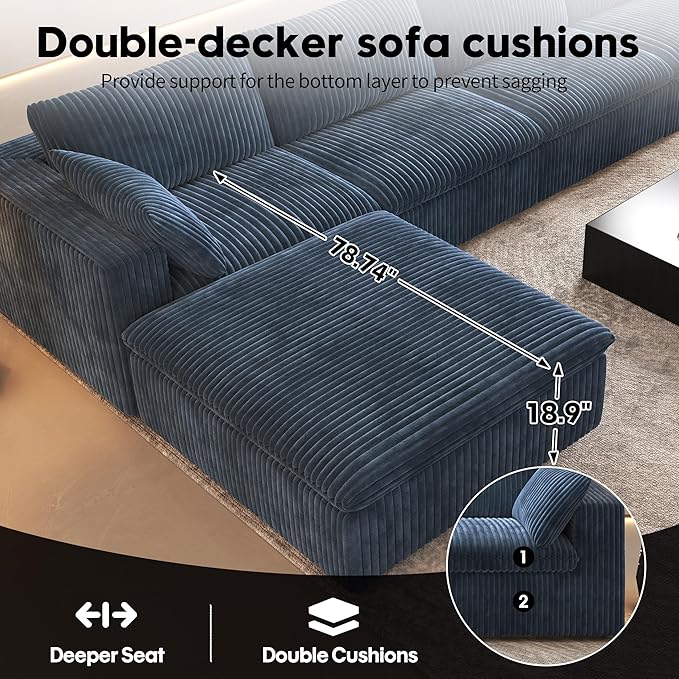 78.74" L Shaped Modern Sofa Modular Sectional Cloud Couch with Ottoman,Upholstered Couches with Plush Corduroy Fabric for Living Room Furniture,Bedroom and Apartment,No Assembly Required,Blue