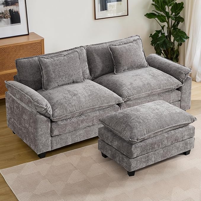 URRED Modular Sectional Sofa Comfy Cloud Couch, Modern Chenille Sofa Sleeper Deep Seat Couches with Ottoman/Pillows for Living Room (Gray, 82.6''- L Shape)