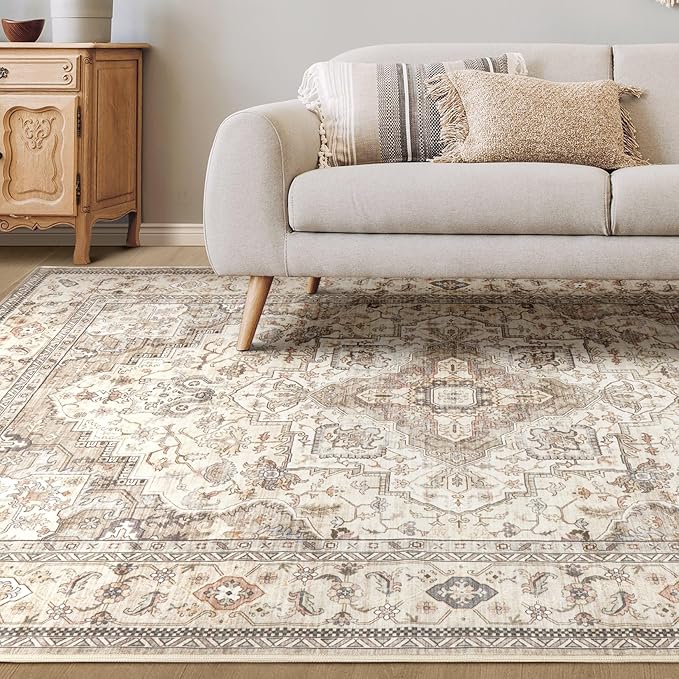 Washable Area Rugs for Living Room - 5x7 Neutral Vintage Distressed Floral Farmhouse Boho Large Soft Floor Rug Indoor Non Slip Carpet for Bedroom Dining Room Office - Brown/Multi